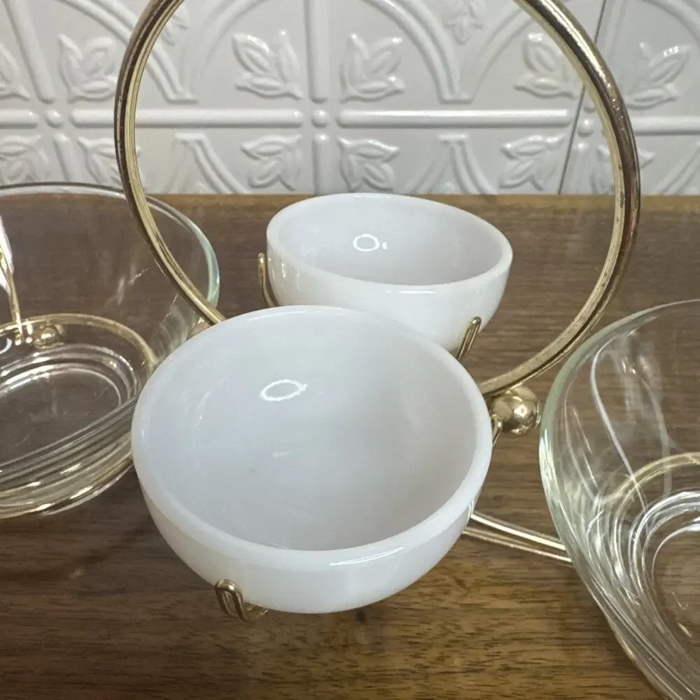 Vintage Libbey MCM Glass Gold Relish Condiment 4 Bowl Set Metal Gold tone Caddy